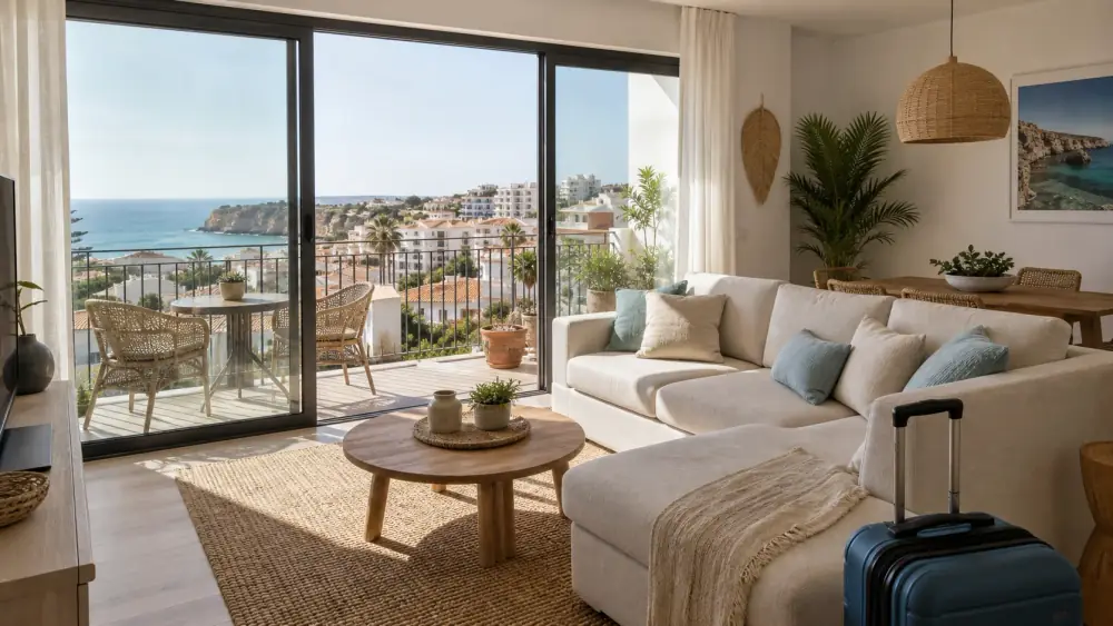 Apartamento Airbnb premium renovado em Lagos com varanda e decoração costeira