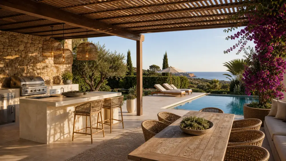 Espace extérieur premium en Algarve avec pergola, piscine et cuisine extérieure