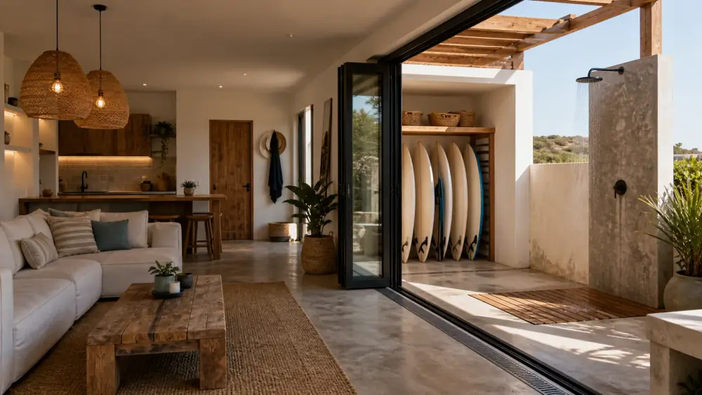 Location surf premium à Sagres avec douche extérieure et rangement planches