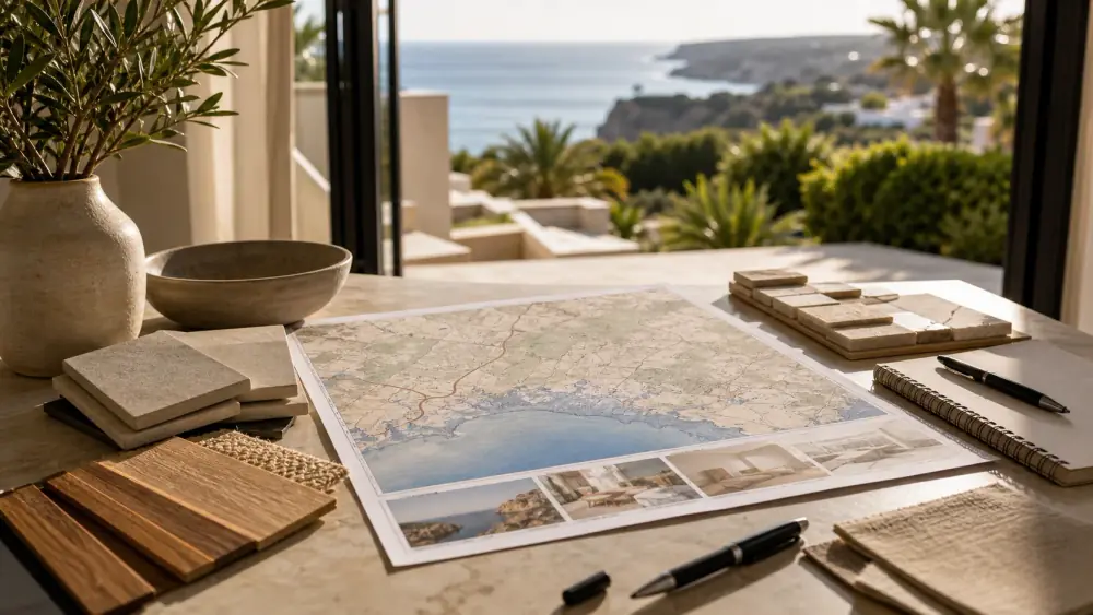 Mesa com mapa do Barlavento Algarvio e notas de renovação premium